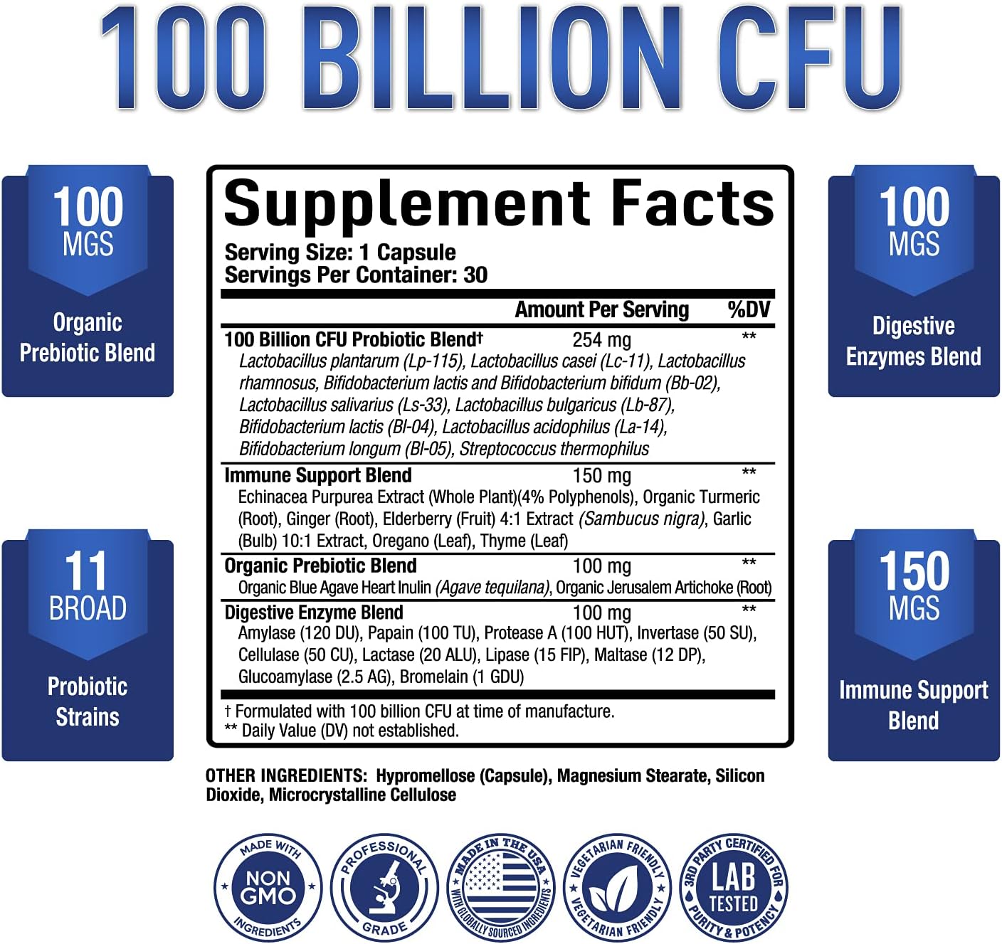 Purely Optimal Premium Probiotics 100 Billion CFU w/Digestive Enzymes