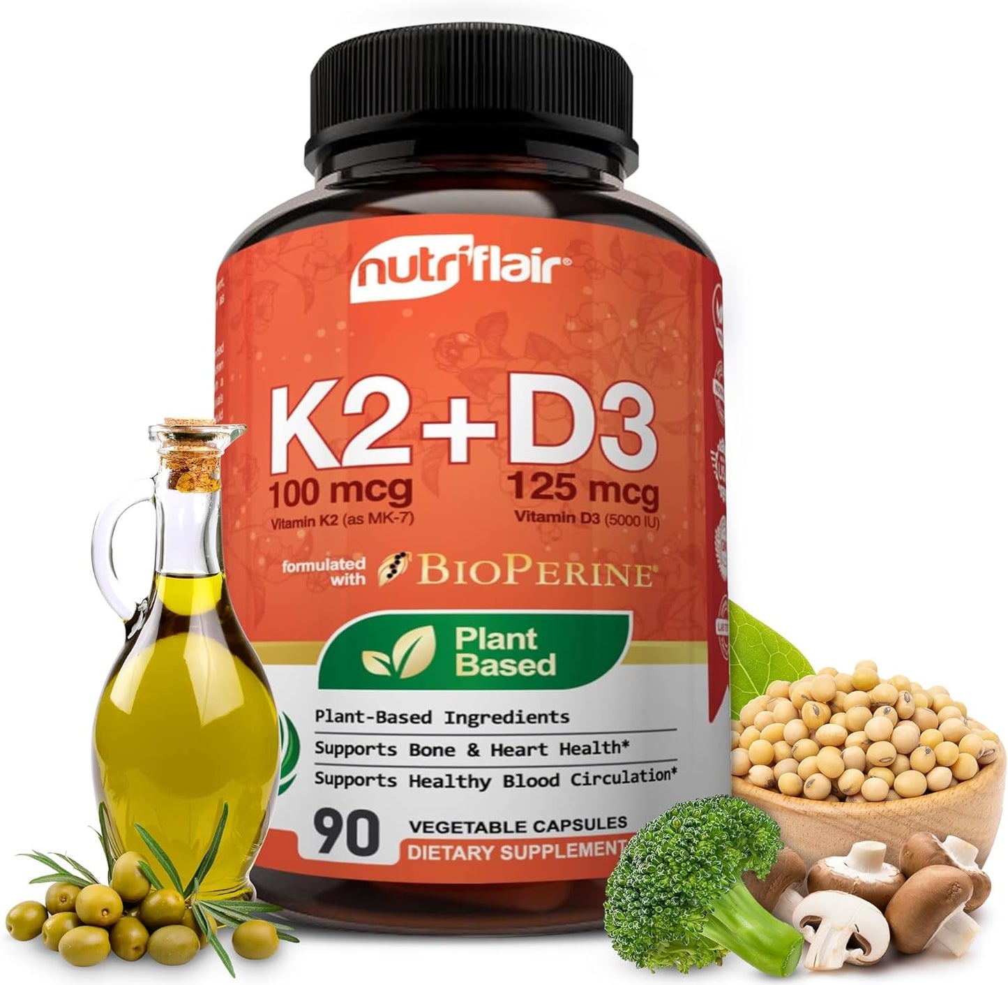 NutriFlair Vitamins D3 (5000iu/125mcg) + K2 (as Mk7)  90 Capsules