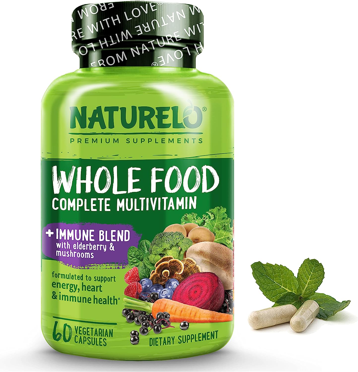 NATURELO Whole Food Multivitamin + Immune Blend with Elderberry & Mushrooms - 60 capsules