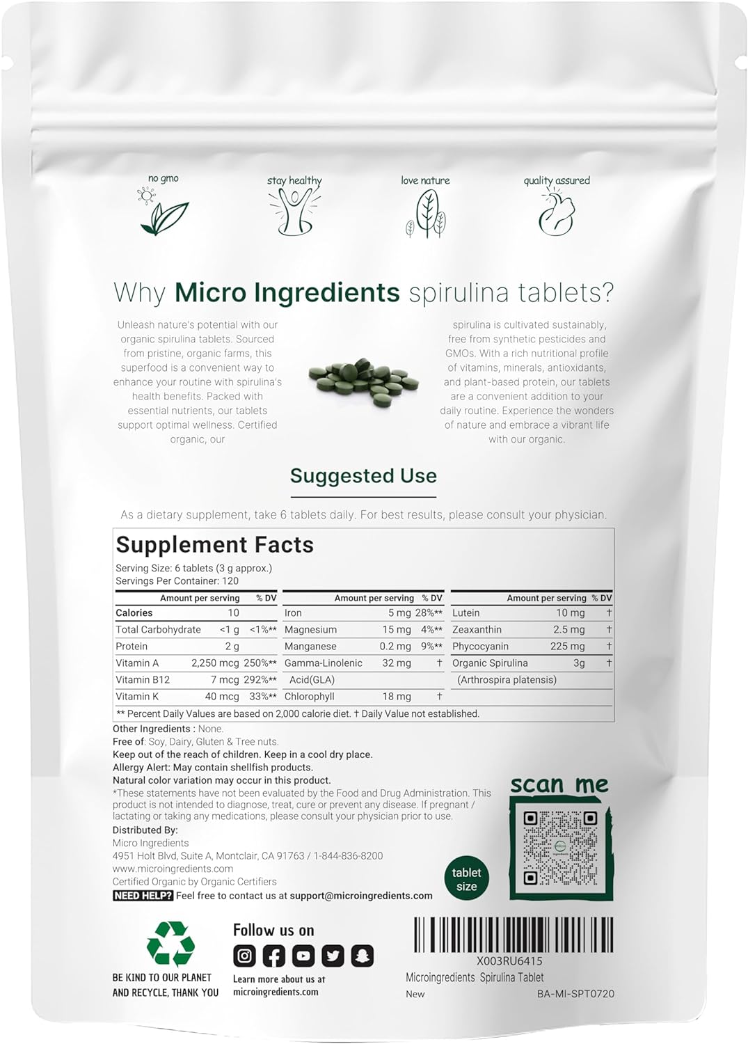 Micro Ingredients Organic Spirulina Supplement, 720 Tablets