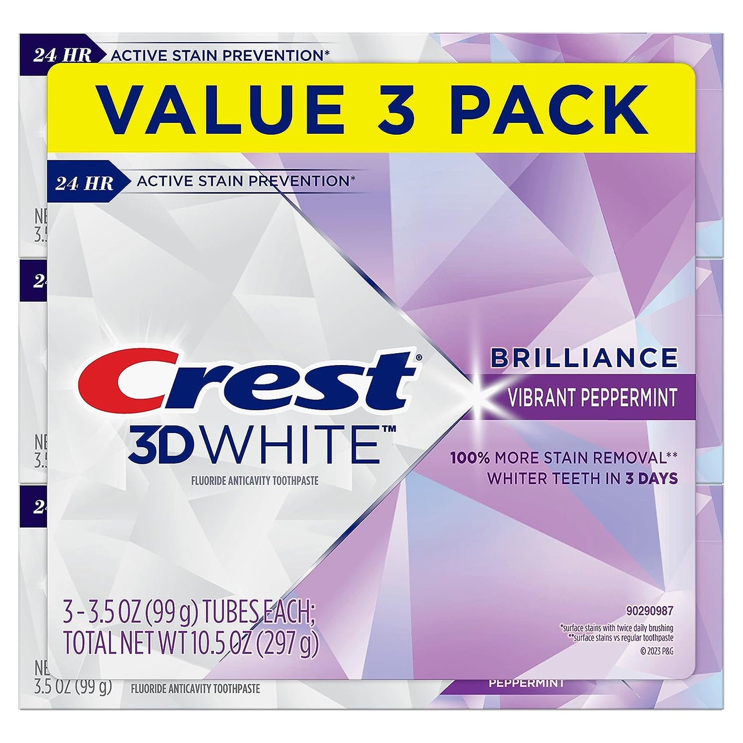 Crest 3D White Brilliance Teeth Whitening Toothpaste, Vibrant Peppermint, 3.5 oz, Pack of 3