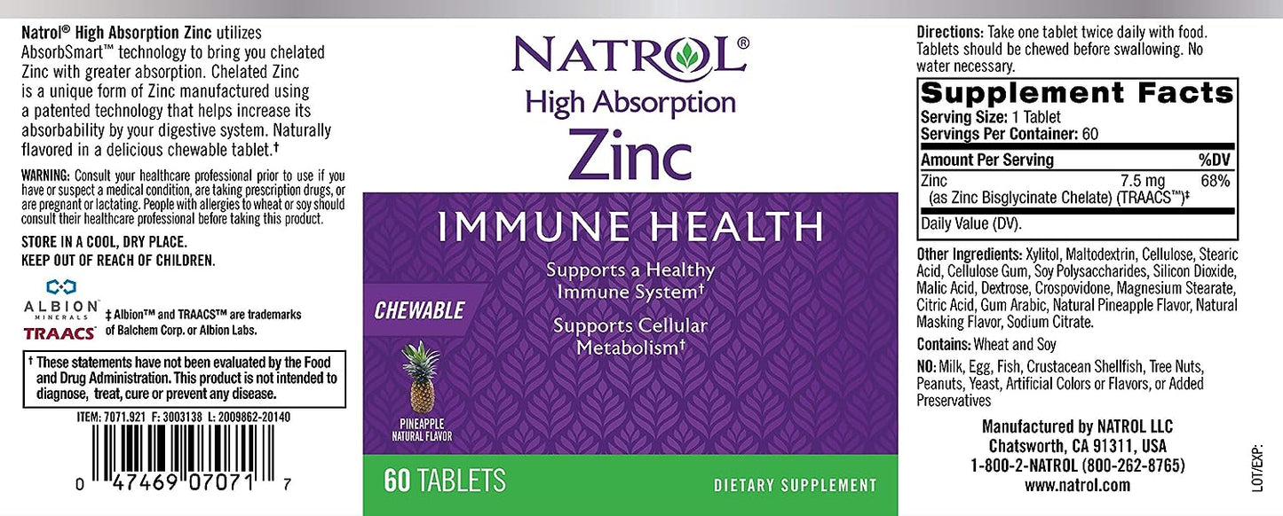 Natrol High Absorption Zinc, Supports Immune Health and Cellular Metabolism 60 Count