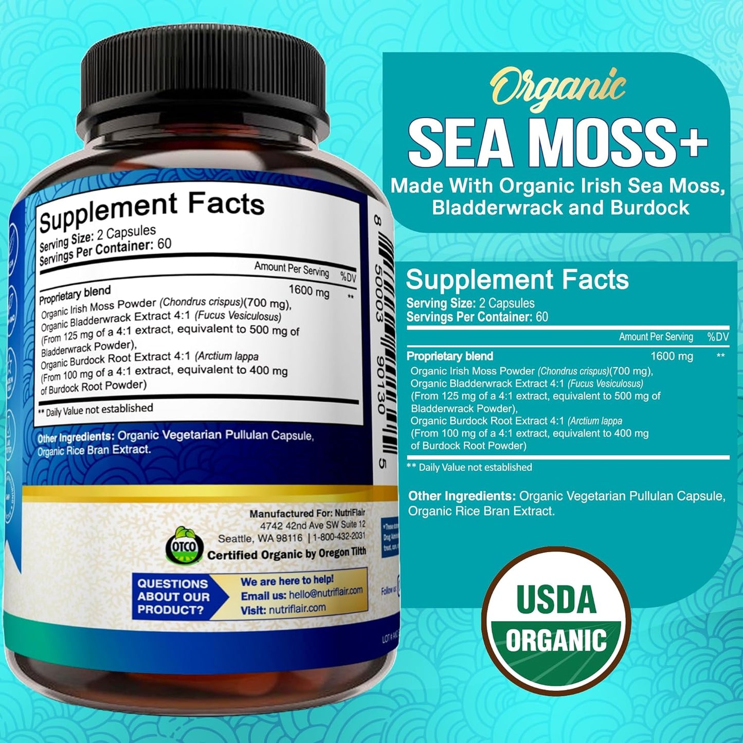 NutriFlair Organic Irish Sea Moss 1600mg, 120 Capsules