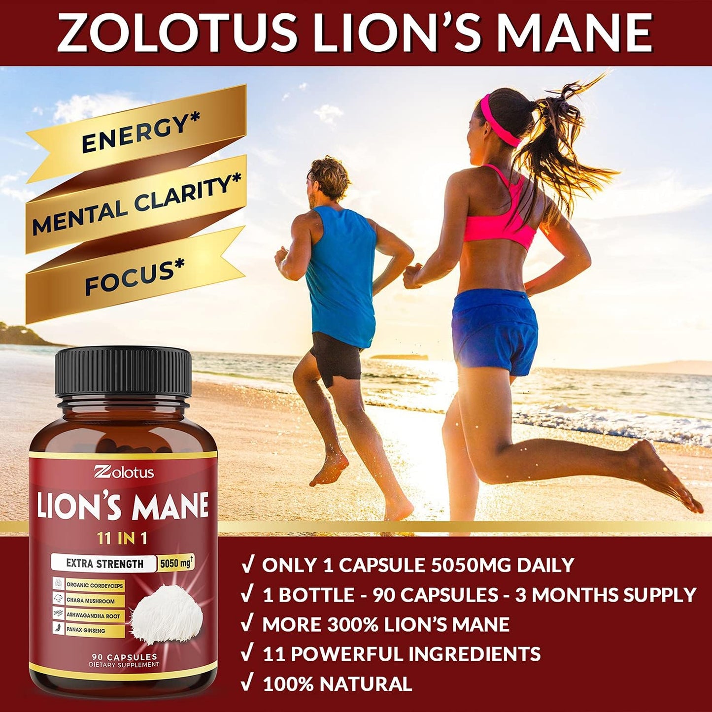 11 in 1 Lions Mane Mushroom Capsules,, Equivalent to 5050mg,90 count