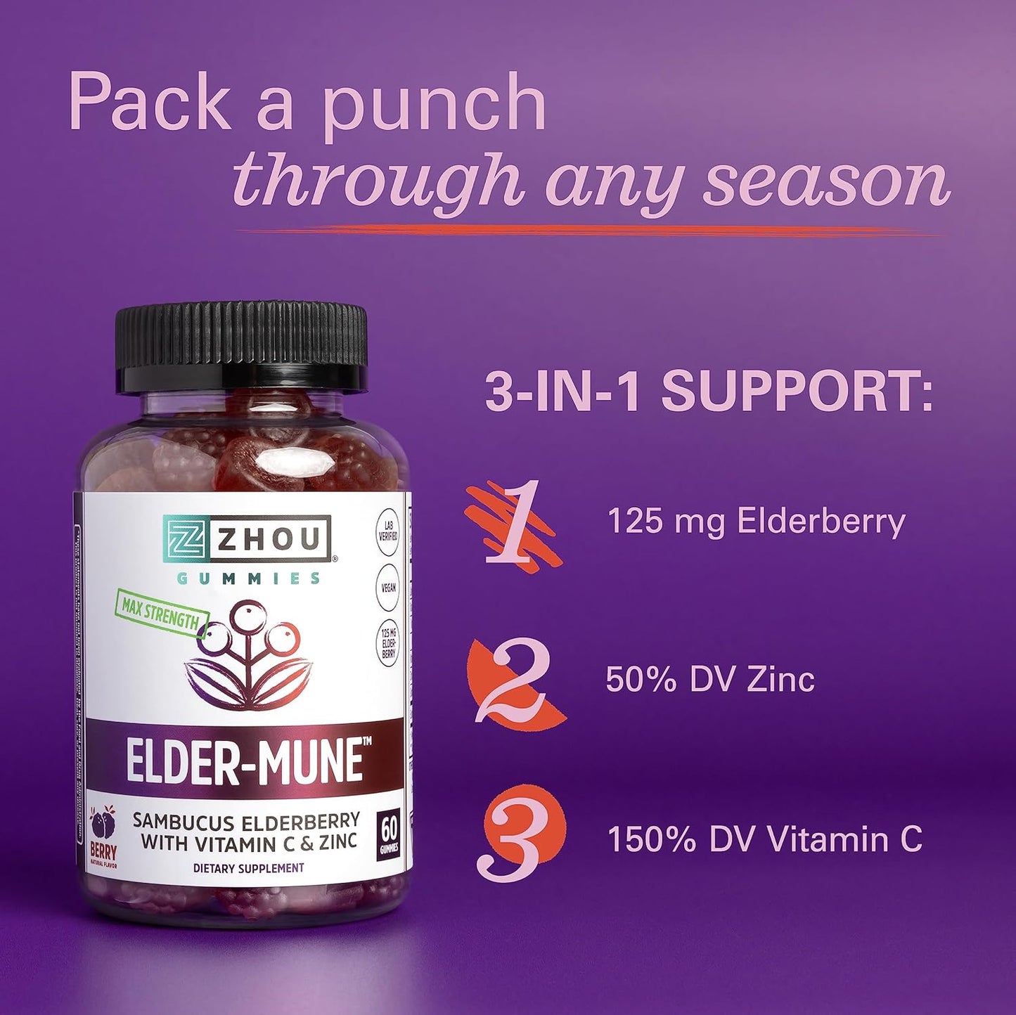 Zhou Nutrition Elder-Mune Sambucus Elderberry Gummies with Zinc 60 Gummies