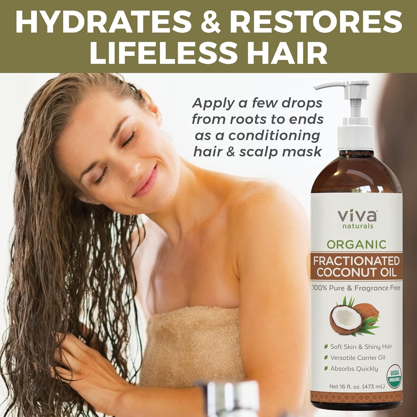 Viva Naturals Organic Fractionated Coconut Oil - Skin & Hair Moisturizer, Relaxing Massage and Body Oil