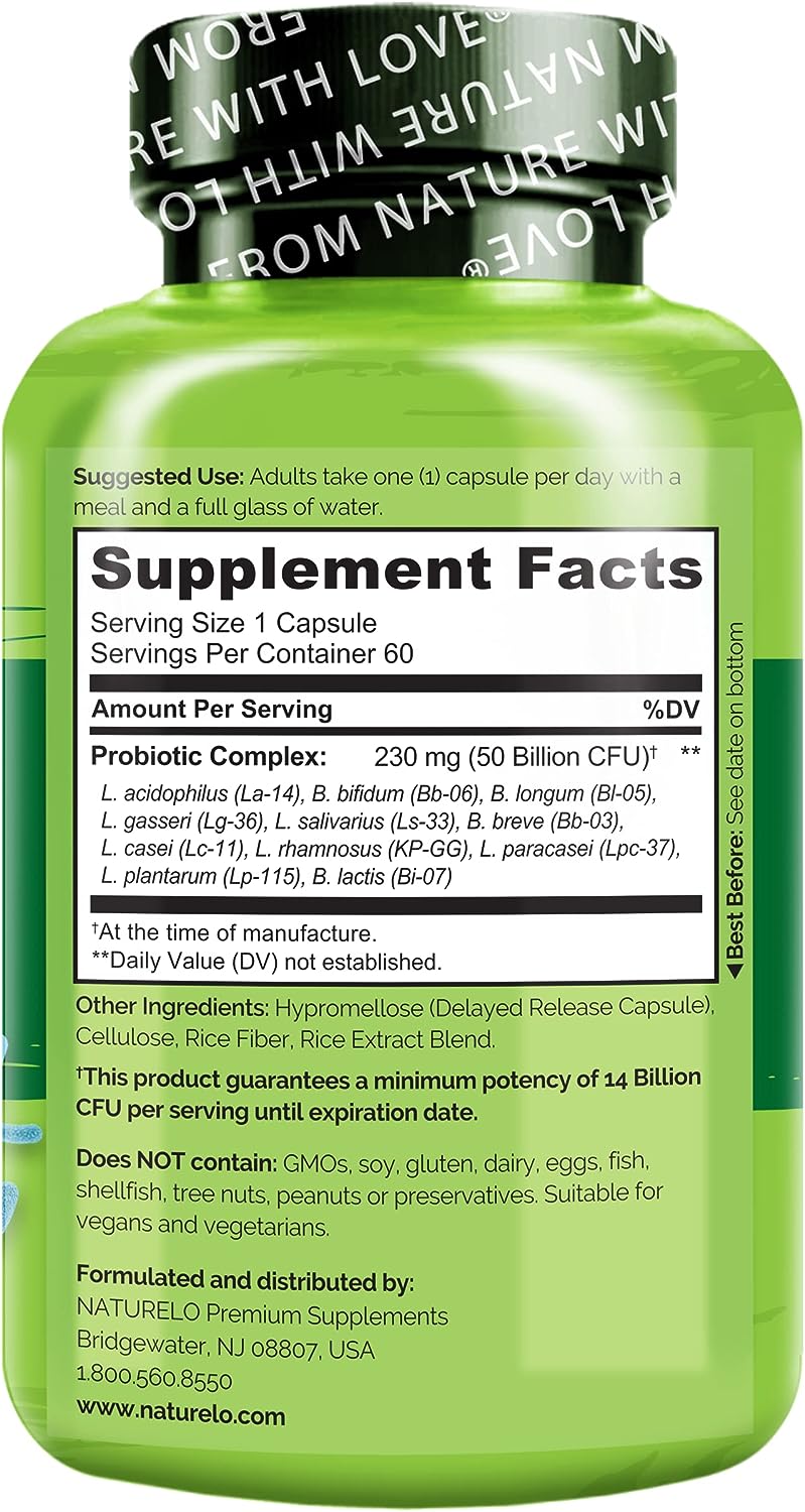 NATURELO Probiotic Supplement - 50 Billion CFU - 11 Strains - 60 capsules