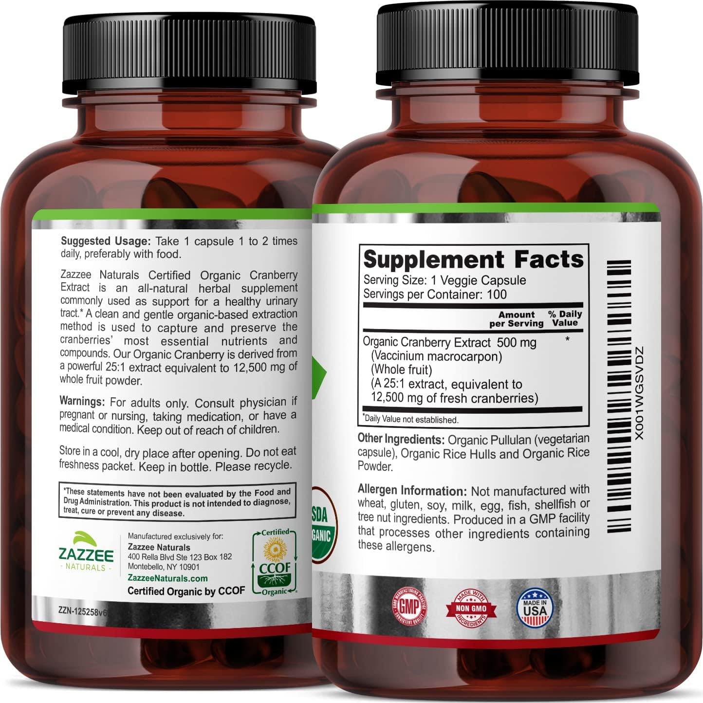 Zazzee USDA Organic Cranberry 25:1 Extract,100 Vegan Capsules