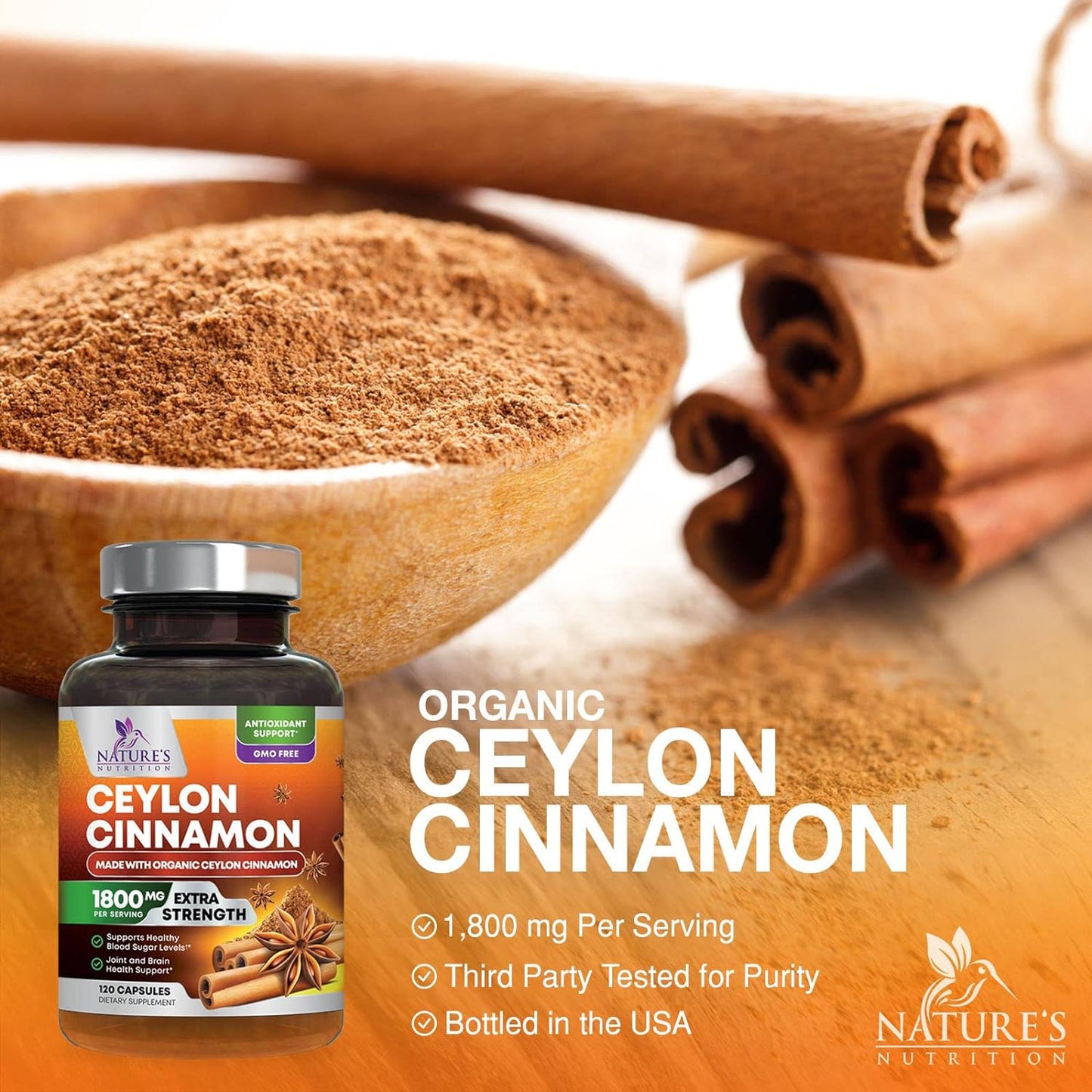 Pure Cinnamon Capsules, Certified Organic Ceylon Cinnamon - 120 Capsules