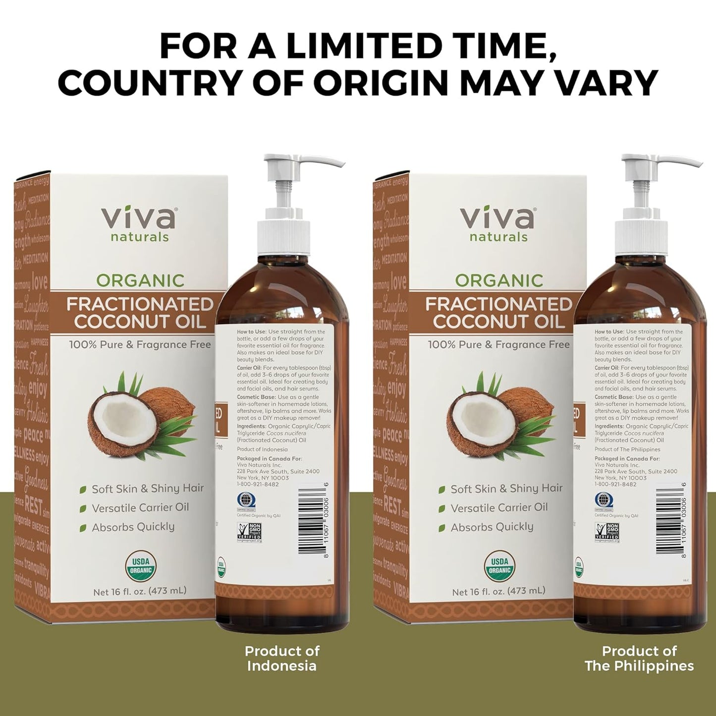 Viva Naturals Organic Fractionated Coconut Oil - Skin & Hair Moisturizer, Relaxing Massage and Body Oil