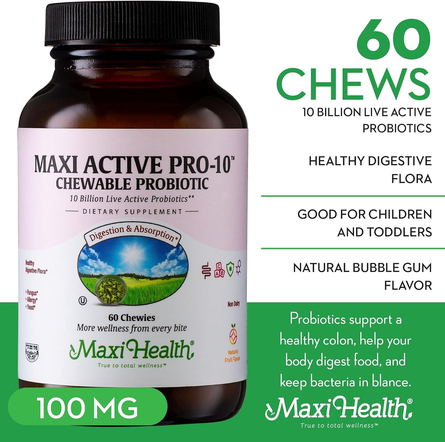 Maxi Health Active Pro-10 - Chewable Probiotic - Healthy Digestive Flora - 60 Chewies