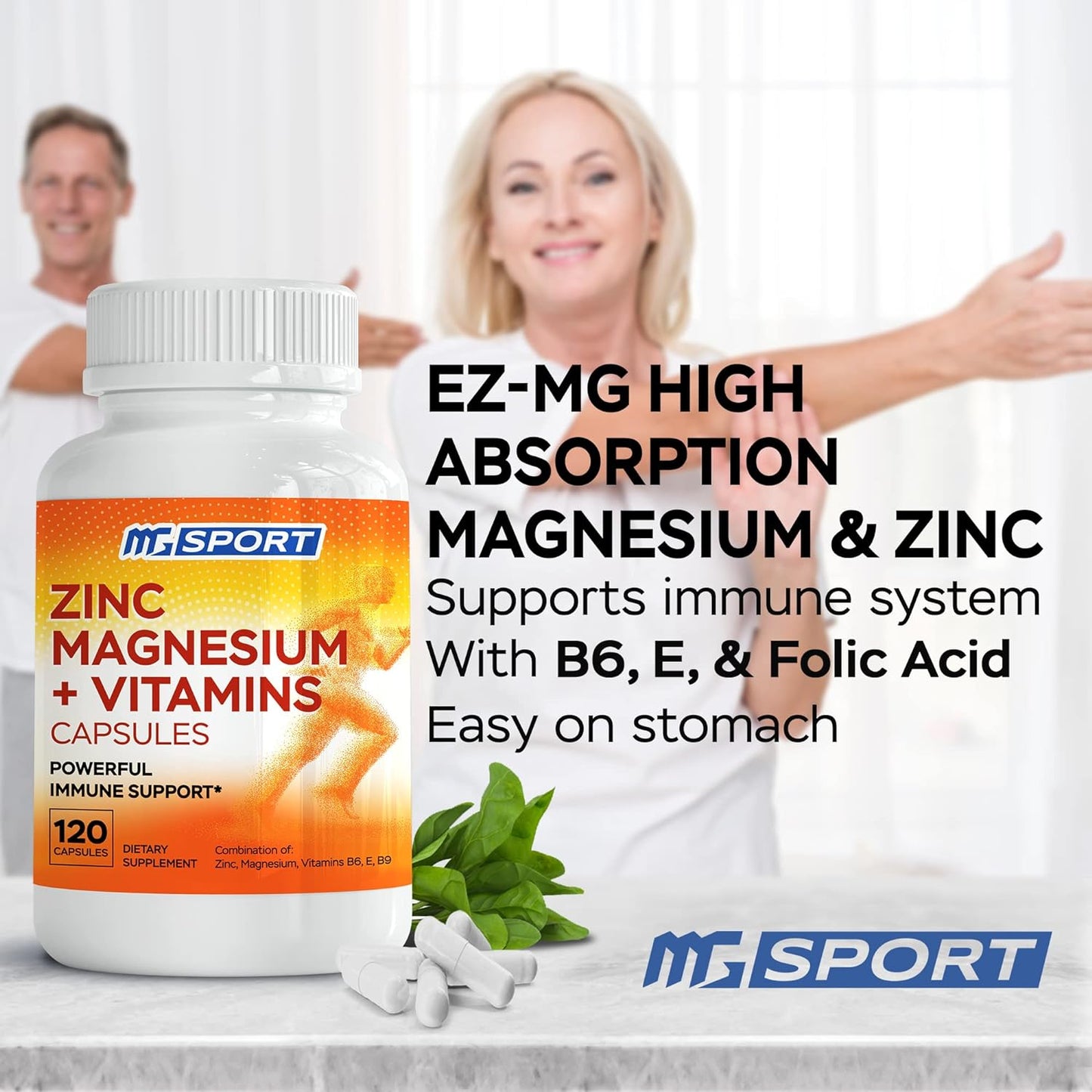 MgSport Magnesium and Zinc + Vitamins B6, B9, High Absorption 120 Capsules