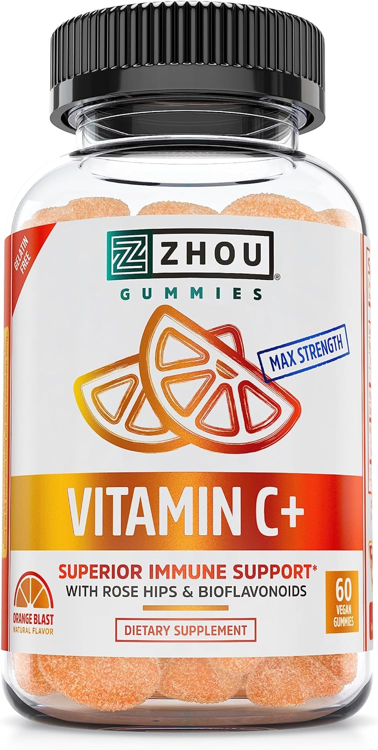 Zhou Nutrition Vitamin C+ Rapid Immunity Booster Gummies, Orange, 60 Count