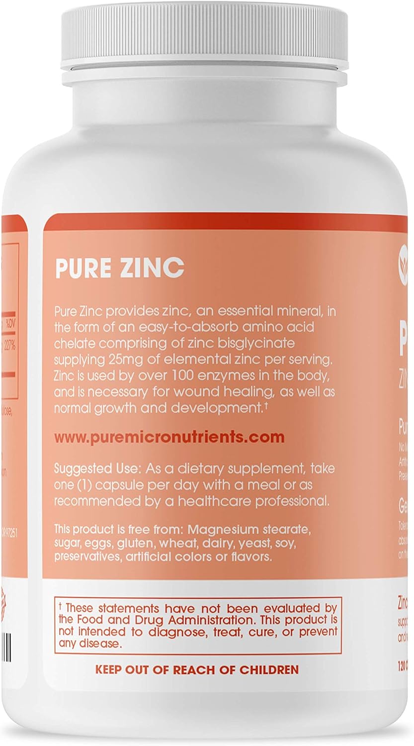 Pure Zinc Supplement, Natural Zinc Glycinate  (Chelated) 25mg,  - 120 count