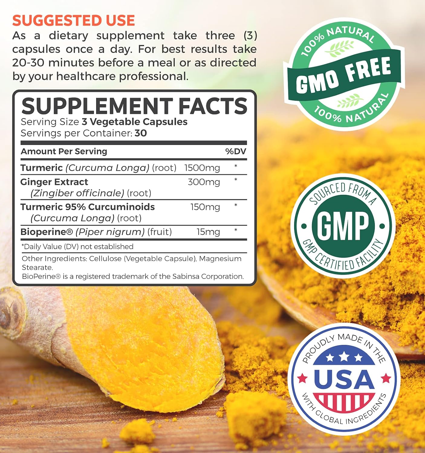 Turmeric and Ginger Supplement (Non-GMO) 1980mg Serving - 90 Capsules