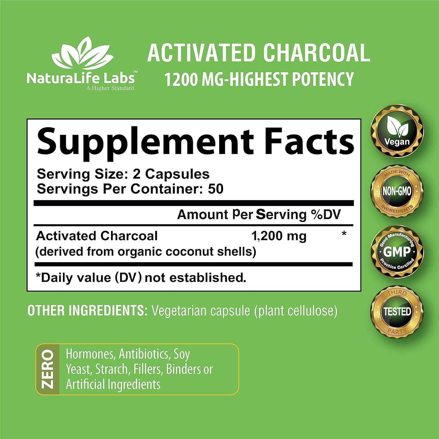 Activated Charcoal Capsules -  Highly Absorbent 100 Vegan Capsules