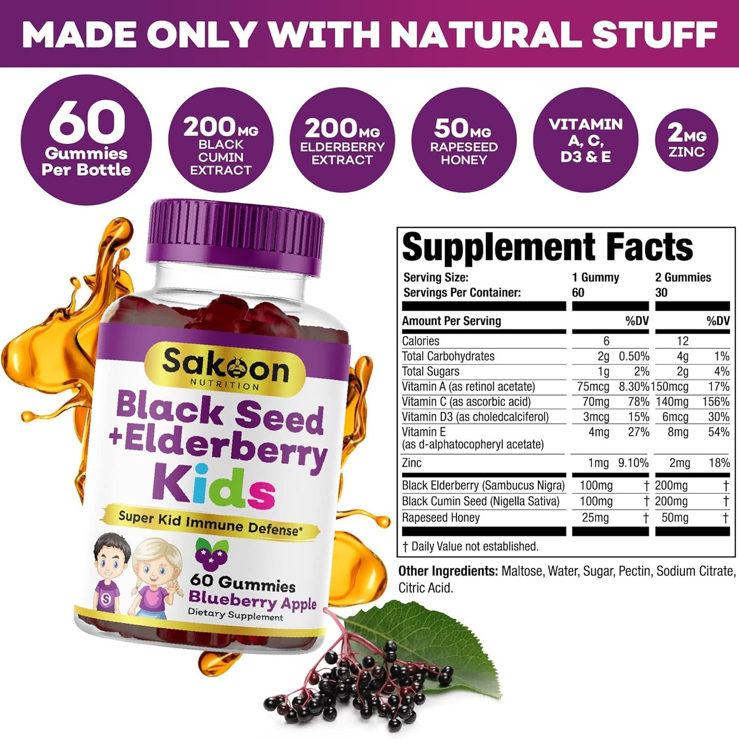 Sakoon nutrition Elderberry & Black Seed Oil  for Kids, 60 Gummies