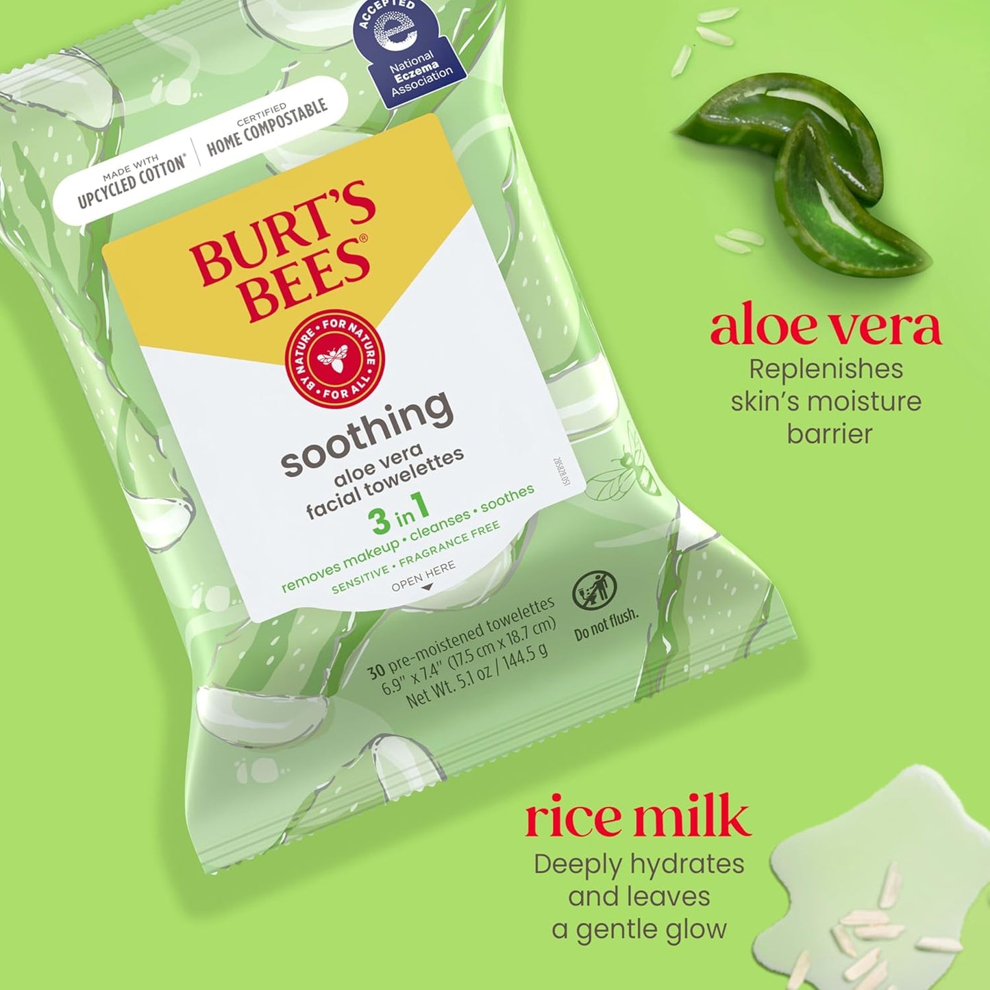 Burt's Bees Aloe Vera Face Wipes, for Sensitive Skin,30 Ct. (3-Pack)