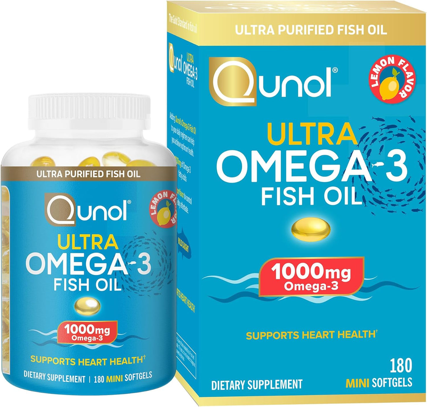 Qunol Fish Oil Omega 3 Mini Softgels, Qunol 1000mg Omega 3 EPA + DHA, 180 count