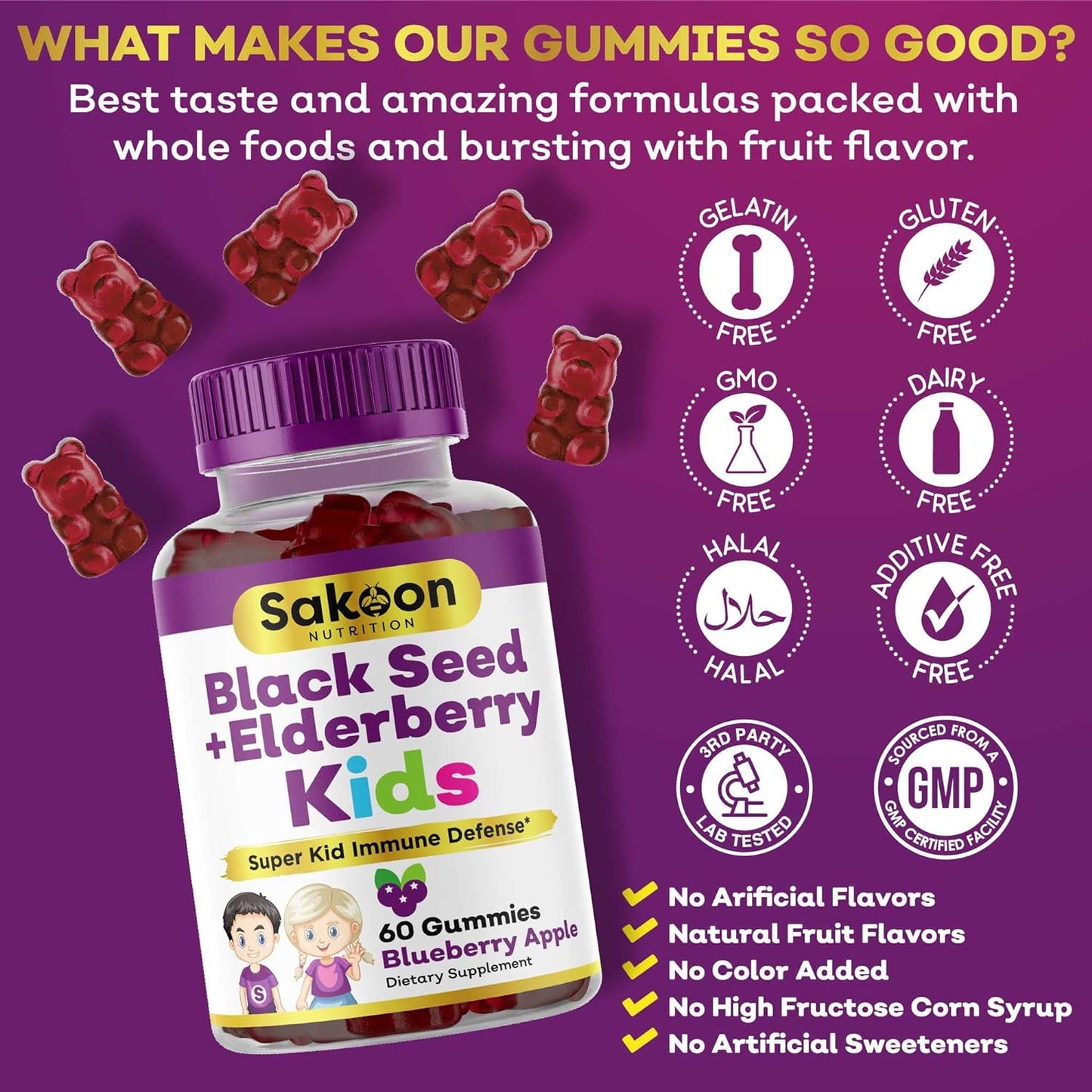 Sakoon nutrition Elderberry & Black Seed Oil  for Kids, 60 Gummies