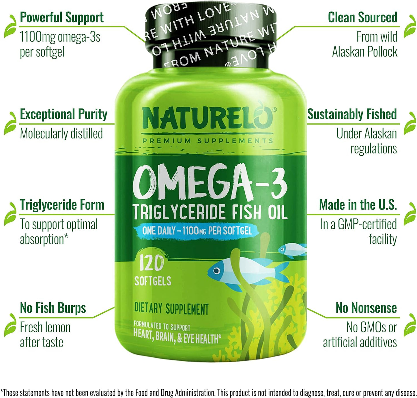 NATURELO Omega-3 Fish Oil Supplement - EPA + DHA - 1100 mg Triglyceride Omega-3 per Gel - 120 count