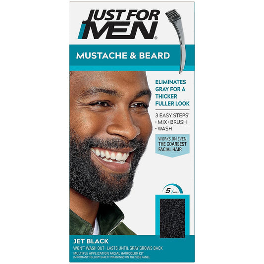 Just For Men Mustache & Beard, Beard Dye for Men with Brush With Biotin Aloe and Coconut Oil for Healthy Facial Hair - Jet Black, M-60, Pack of 1