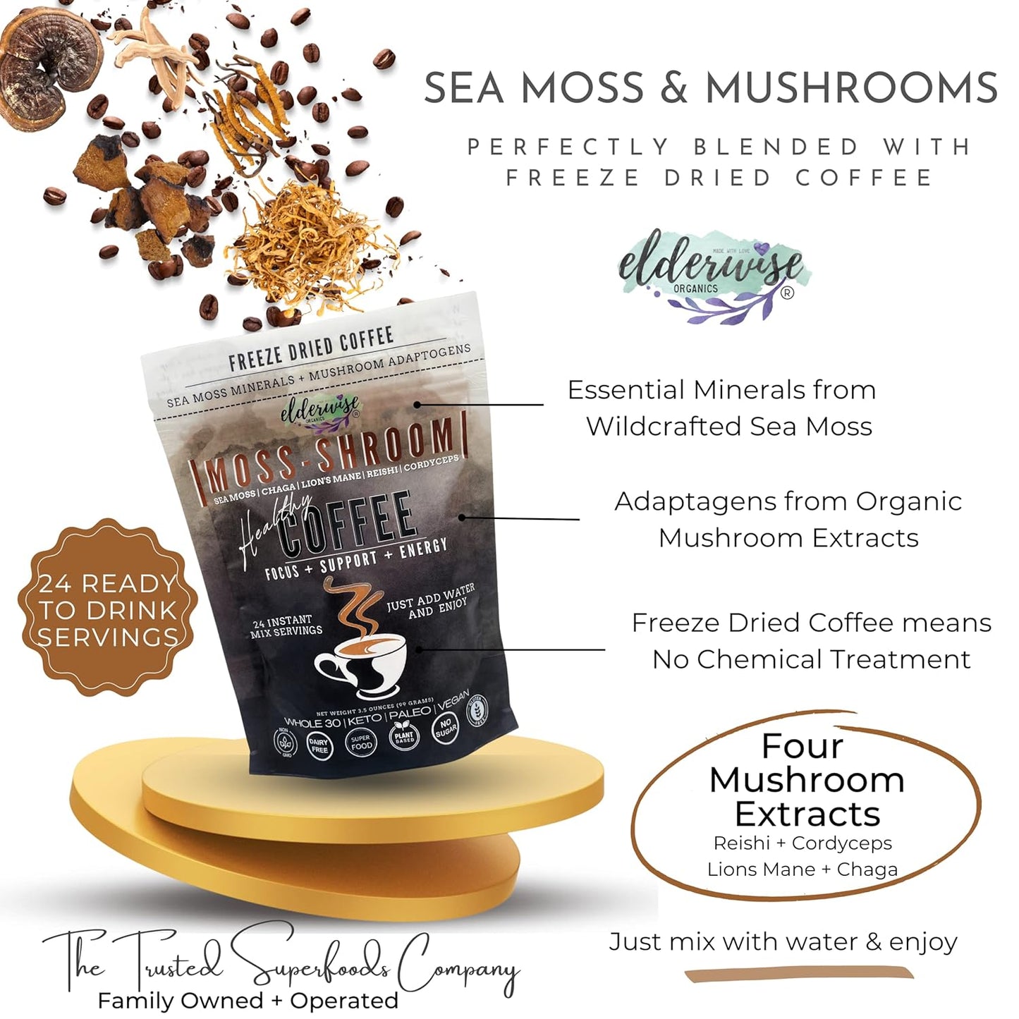 Elderwise Organics Coffee with Mushrooms & Sea Moss -24 Servings