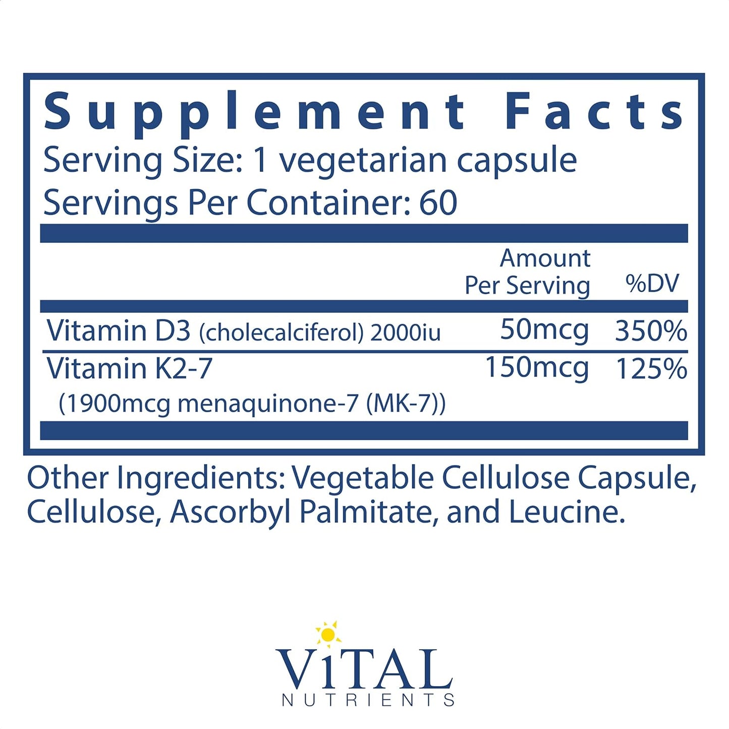 Vital Nutrients K2 + D3 Vitamin | Support Bone 60 Capsules