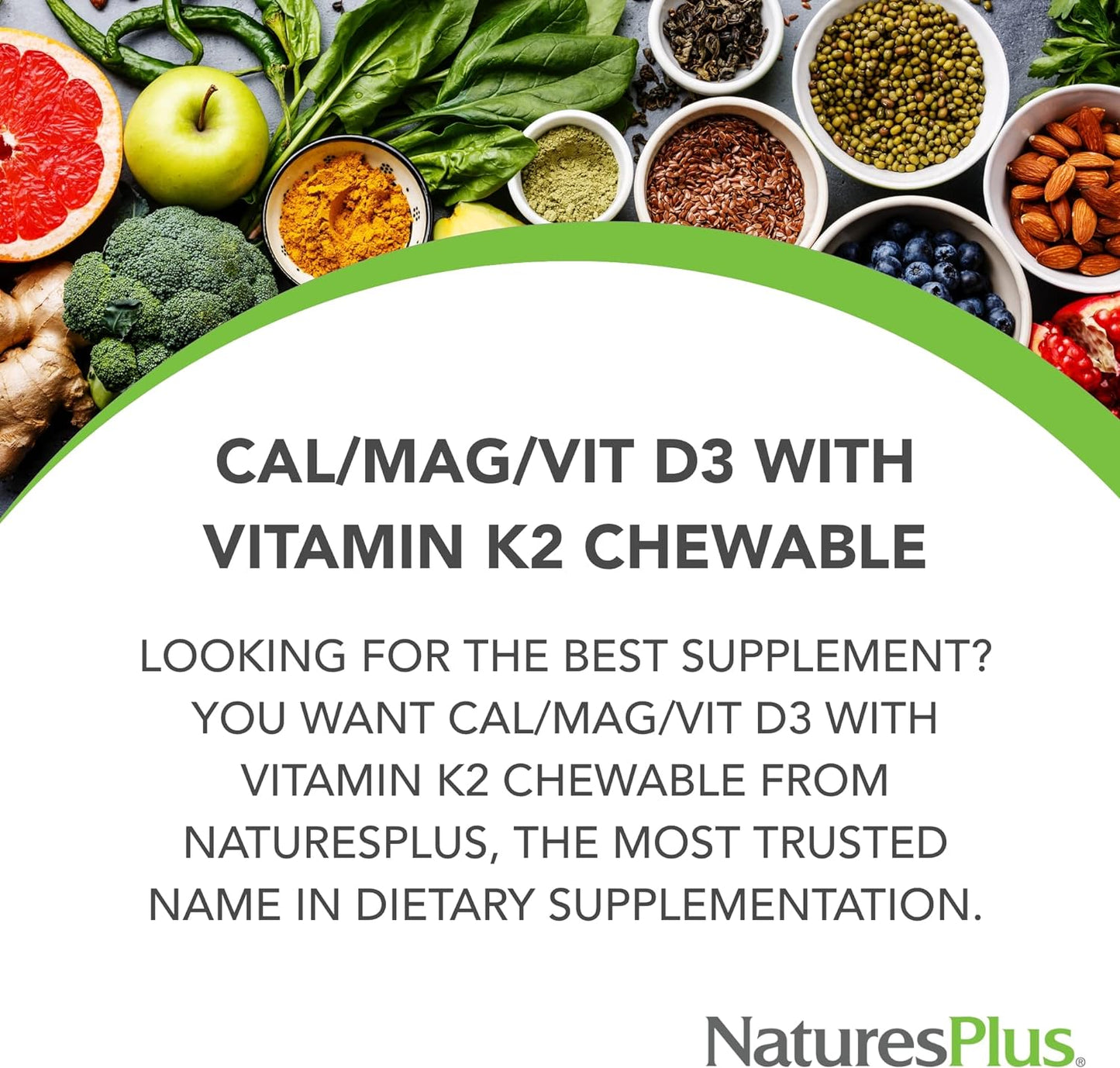 NaturesPlus Chewable Cal/Mag/VIT D3 with Vitamin K2-60 Chewable Tablets