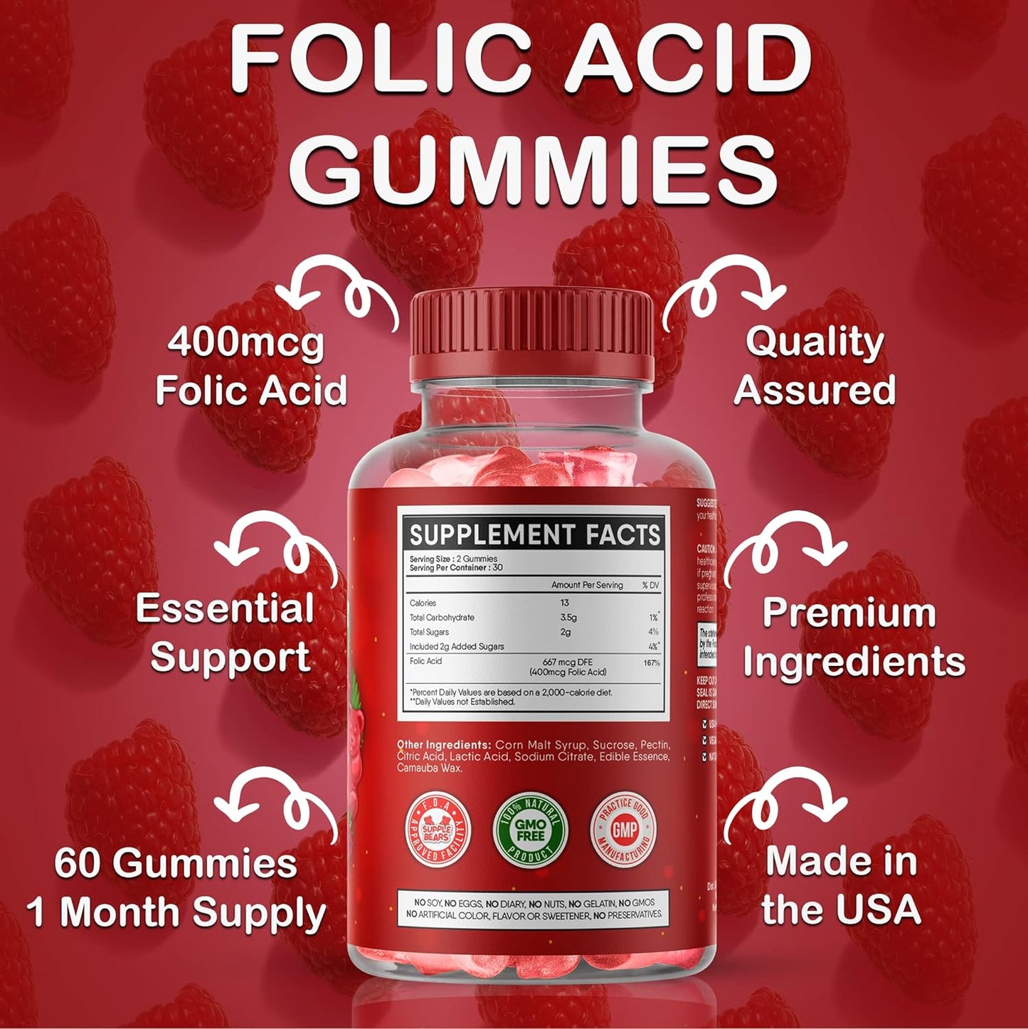 Supplebears Folic Acid Gummies 400mcg- 60 count