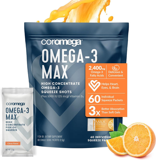 Coromega MAX High Concentrate Omega 3 Fish Oil, 60 Single Serve Packets