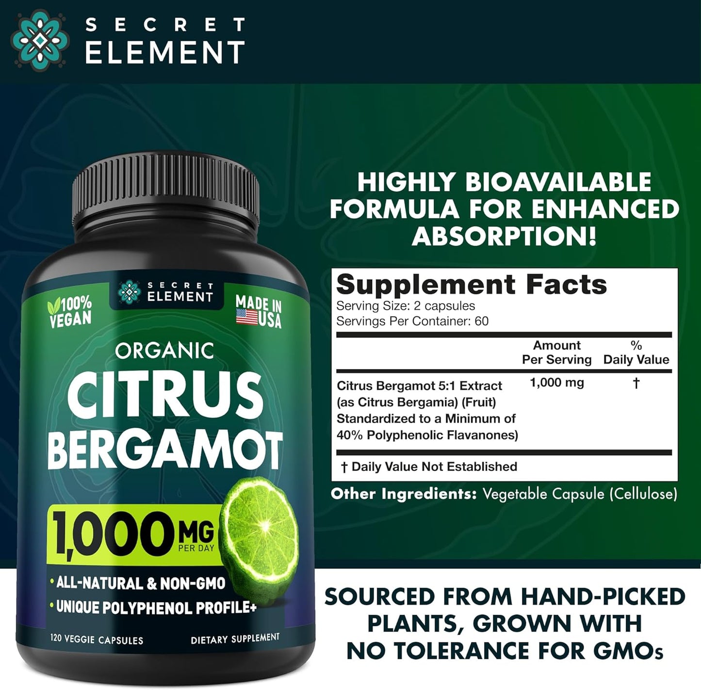 Citrus Bergamot Extract  Pure, Vegan Bergamot 120 Capsules