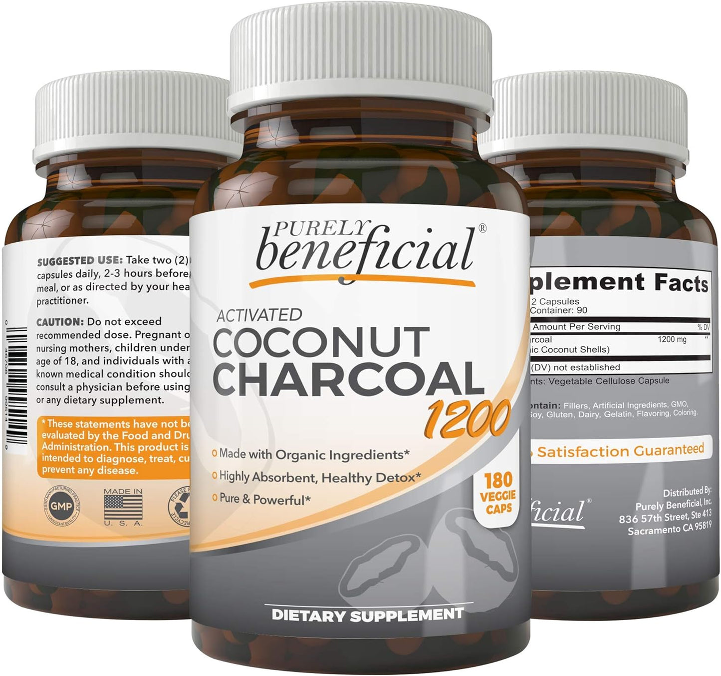 PURELY beneficial Activated Coconut Charcoal 1200mg, 180 Capsules