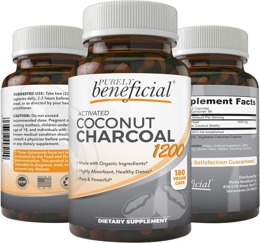 PURELY beneficial Activated Coconut Charcoal 1200mg, 180 Capsules