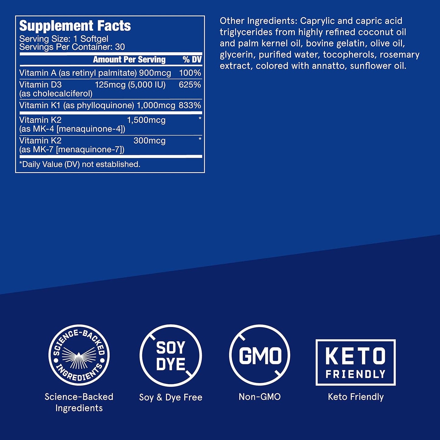 Vitamins A-D-K, 30 Softgels, 900mcg Vitamin A, with 5000 IU