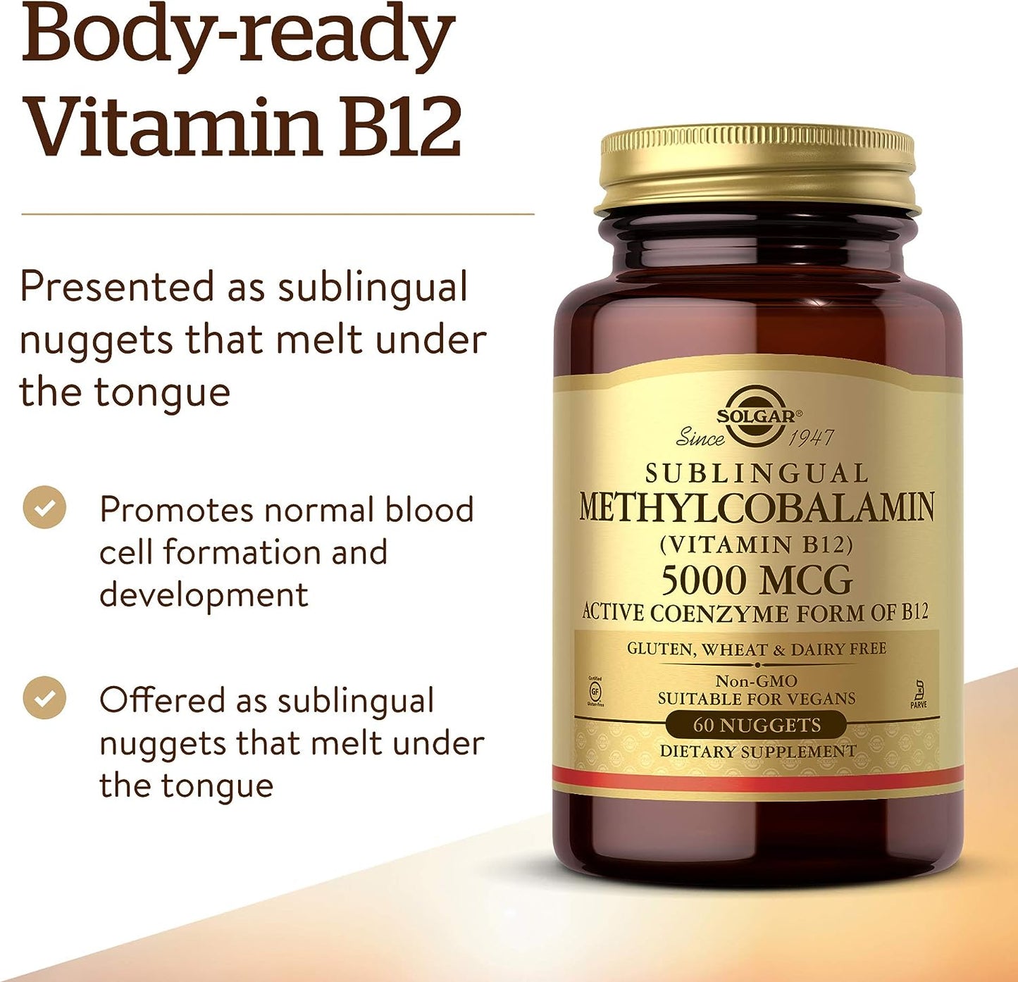 Solgar Methylcobalamin (Vitamin B12) 5000 mcg, 60 Nuggets - Supports Energy Metabolism - Body-Ready, Active Form of B12 - Vitamin B - Non GMO, Vegan, Gluten, Dairy Free, Kosher - 60 Count