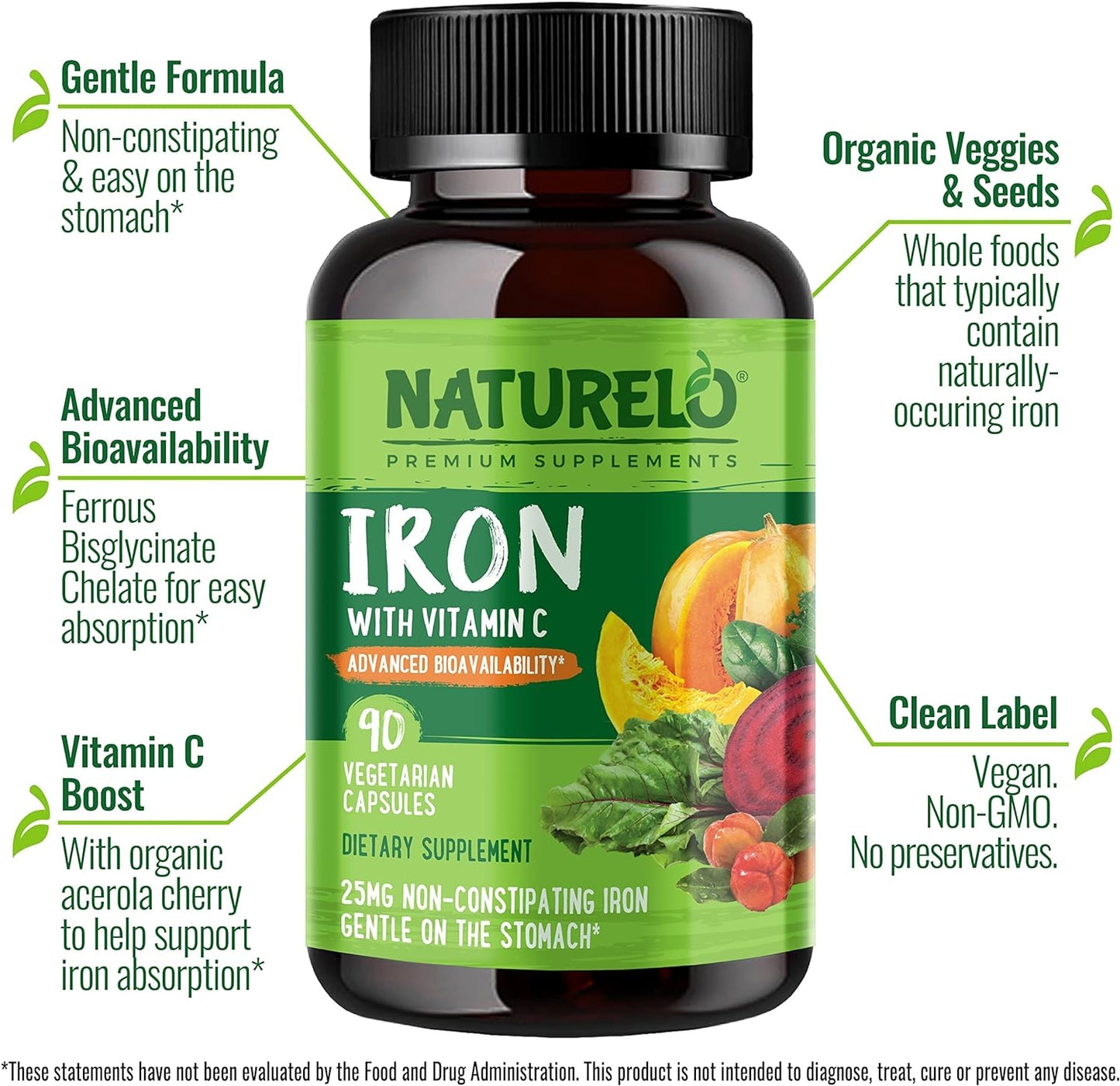 NATURELO Vegan Iron Supplement with Vitamin C and Organic Whole Foods - 90 capsules