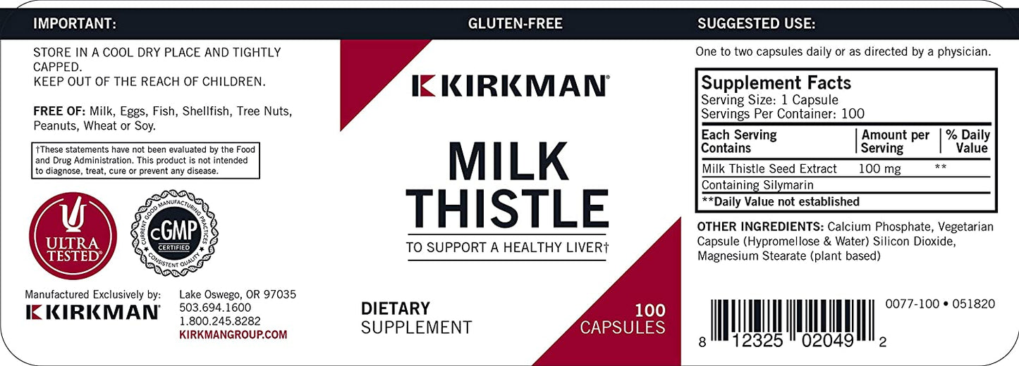 Kirkman Milk Thistle 100 mg -100 Vegetarian Capsules