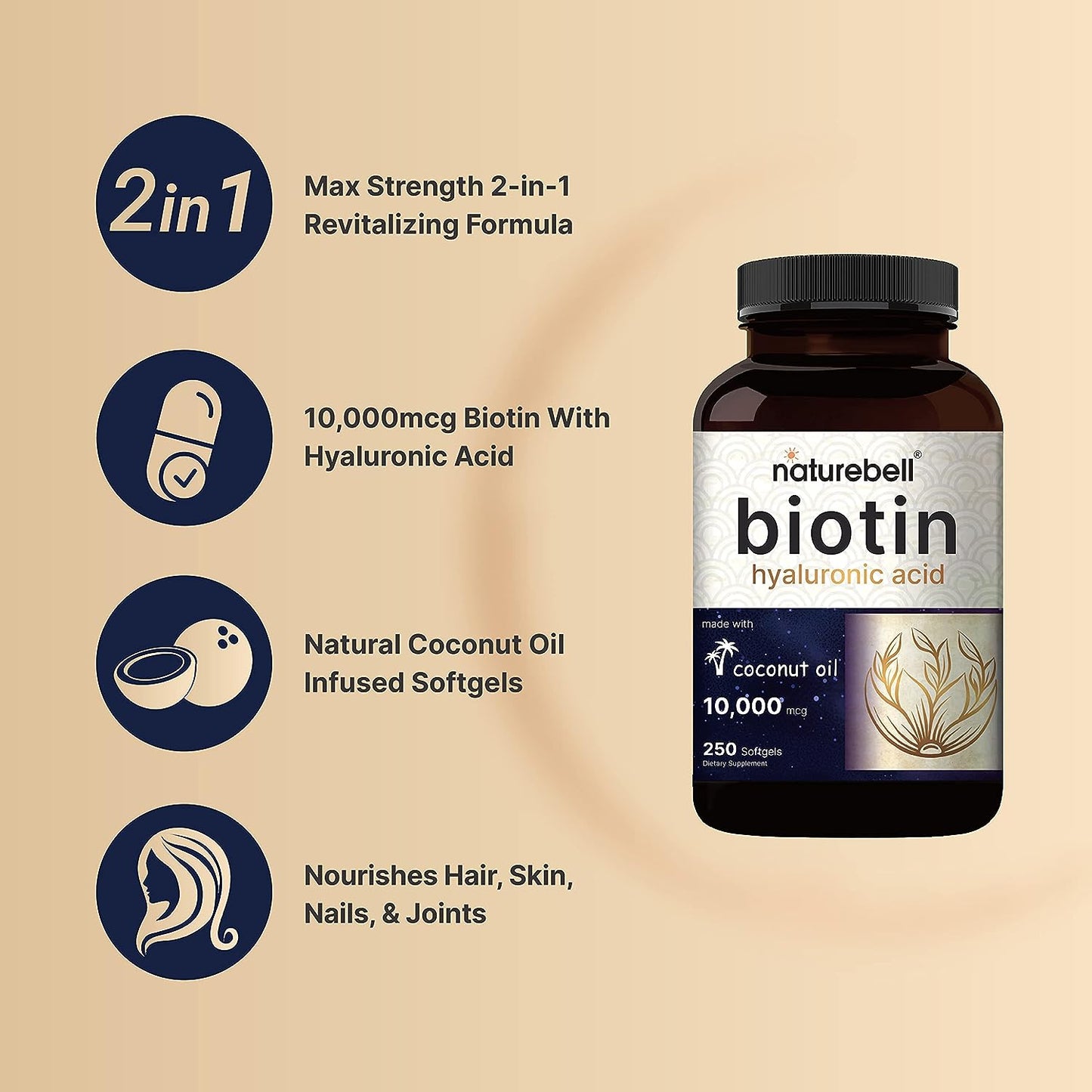 NatureBell Biotin  + Hyaluronic Acid  250 Coconut Oil Softgels