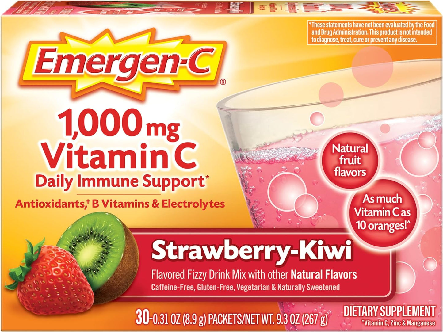 Emergen-C 1000mg Vitamin C Powder, with Antioxidants, B Vitamins and Electrolytes, Vitamin C Supplements for Immune Support, Caffeine Free Fizzy Drink Mix, Strawberry Kiwi Flavor - 30 Count