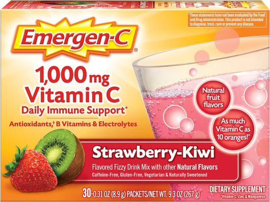 Emergen-C 1000mg Vitamin C Powder, with Antioxidants, B Vitamins and Electrolytes, Vitamin C Supplements for Immune Support, Caffeine Free Fizzy Drink Mix, Strawberry Kiwi Flavor - 30 Count