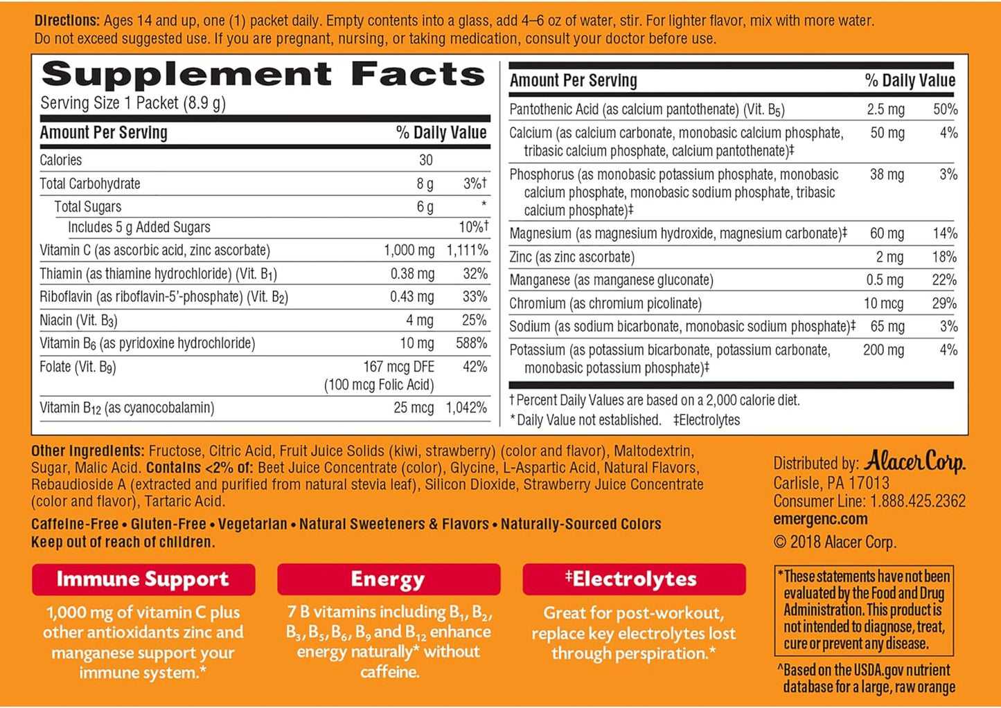 Emergen-C 1000mg Vitamin C Powder, with Antioxidants, B Vitamins and Electrolytes, Vitamin C Supplements for Immune Support, Caffeine Free Fizzy Drink Mix, Strawberry Kiwi Flavor - 30 Count