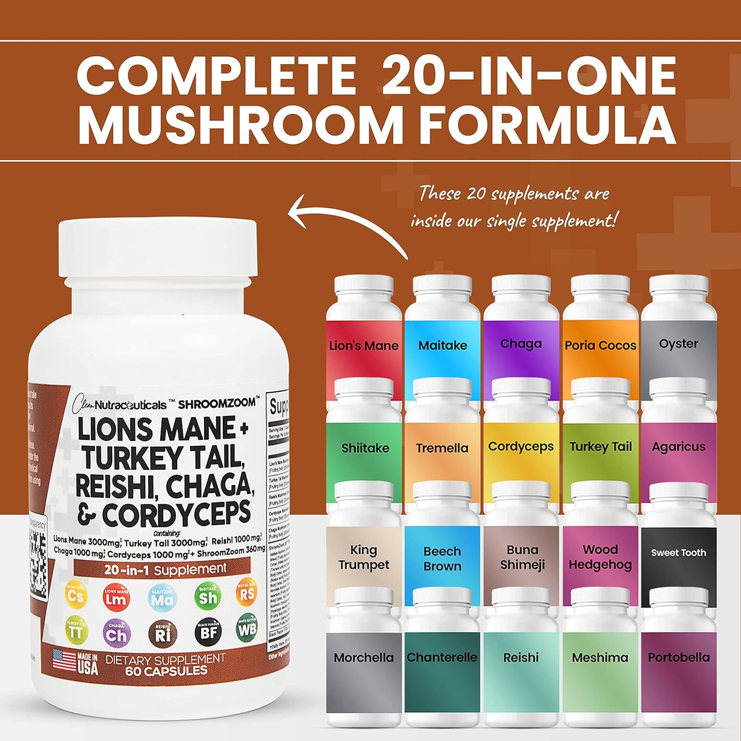 Lions Mane  Mushroom  with Turkey Tail Reishi Cordyceps 60 Count