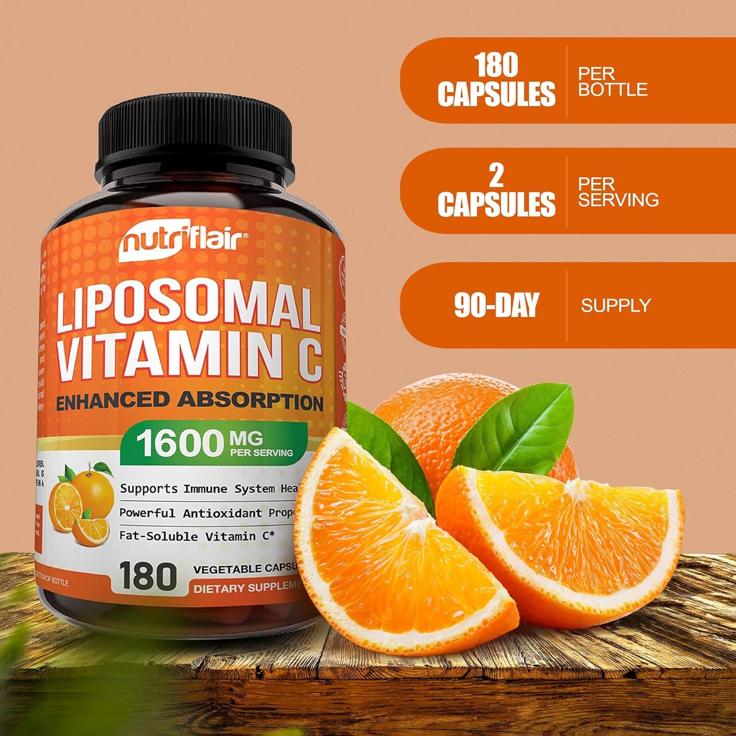 NutriFlair Liposomal Vitamin C 1600mg- High Absorption, Fat Soluble VIT C, Antioxidant Supplement  180 capsule