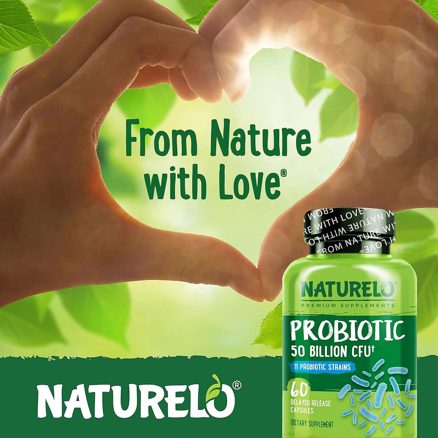 NATURELO Probiotic Supplement - 50 Billion CFU - 11 Strains - 60 capsules