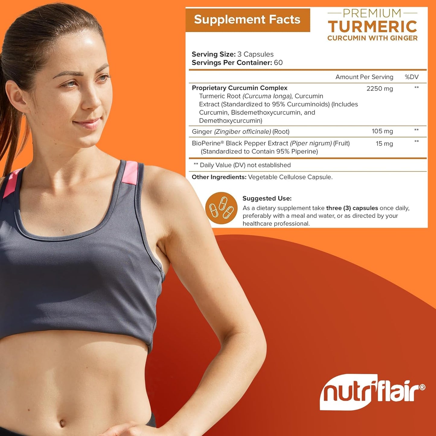 NutriFlair Turmeric Curcumin with Ginger and BioPerine Black Pepper  180 Capsules