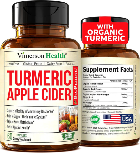 Organic Apple Cider Vinegar  with Tumeric and Ginger for Joint Health, 60 capsules