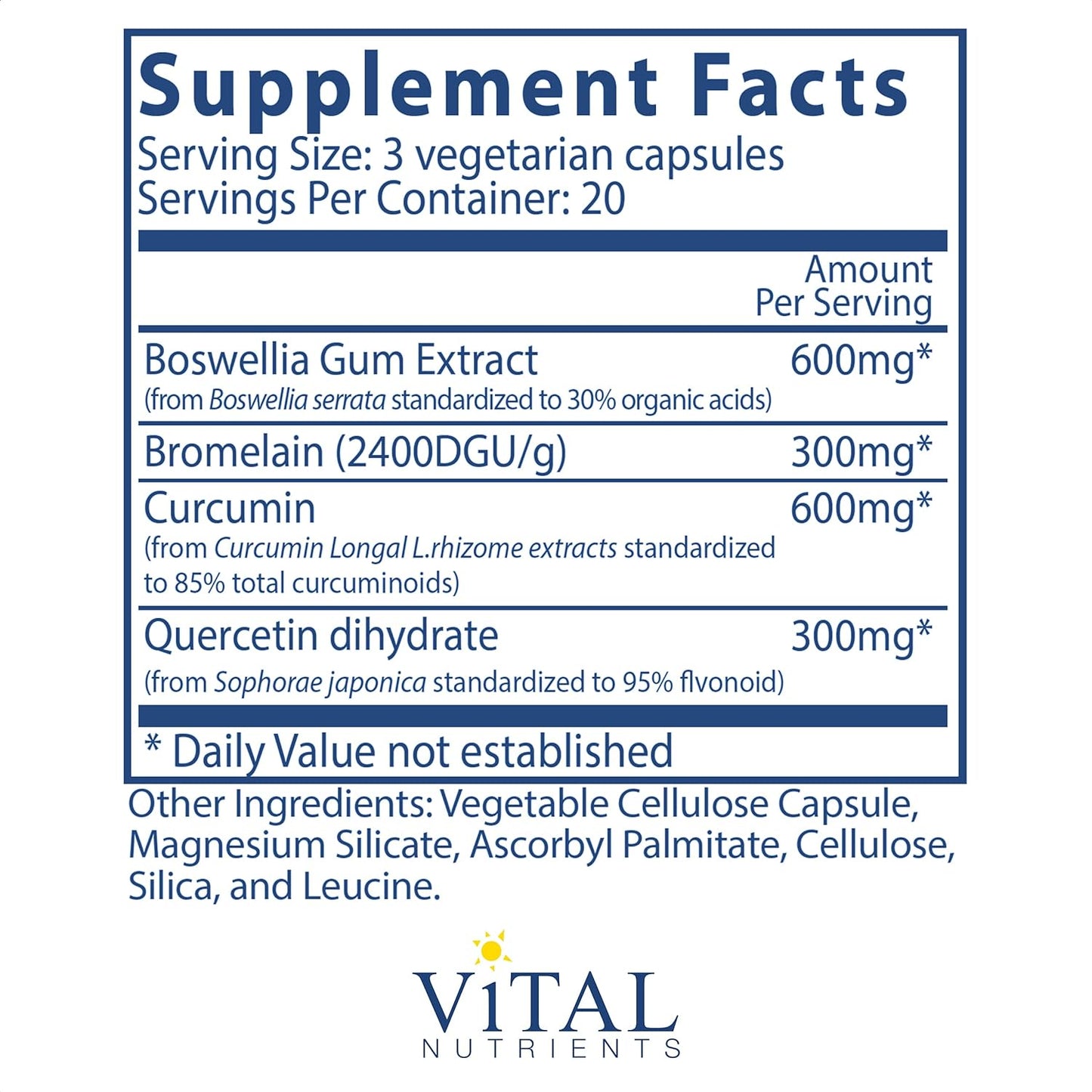 Vital Nutrients BCQ  Bromelain, Curcumin and Quercetin  60 Capsules