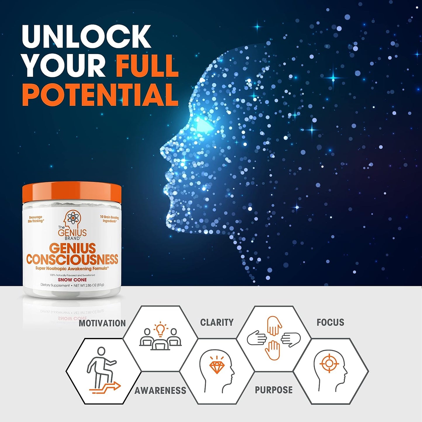 Genius Consciousness, Super Nootropic Brain Supplement Powder, Snow Cone