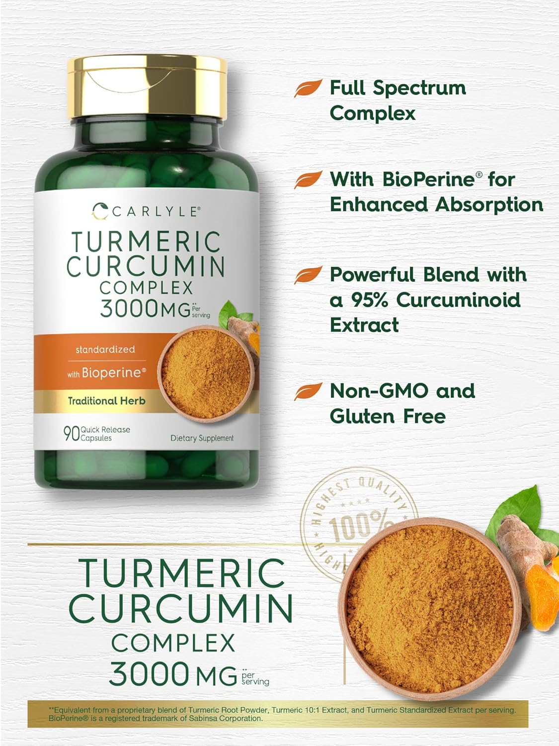 Carlyle Turmeric Curcumin with Black Pepper 3000mg  90 Powder Capsules